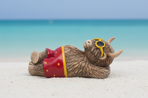 A highland cow figurine lying on its side wearing red polka dot swim shorts and yellow-framed sunglasses, with curved horns and a fluffy dark brown coat, on pale sand with a soft blurred turquoise blue background