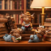 Three Highland cow figurines in denim dungarees reading books — one sitting upright wearing a straw hat, one lying down with flowers in its hair, and one lying on its side with a yellow book — displayed together in a warm cosy library setting with stacked books and soft golden lamp light in the background