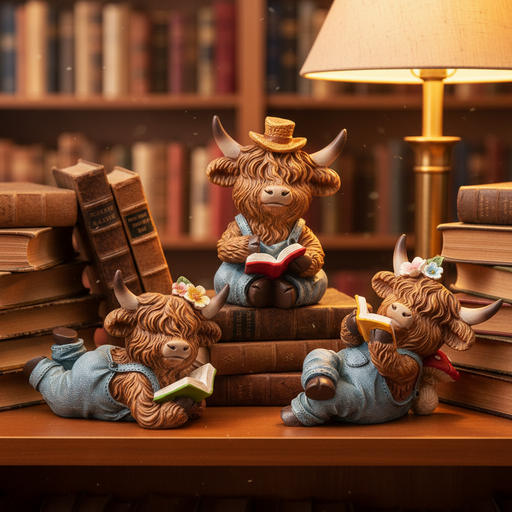 Three Highland cow figurines in denim dungarees reading books — one sitting upright wearing a straw hat, one lying down with flowers in its hair, and one lying on its side with a yellow book — displayed together in a warm cosy library setting with stacked books and soft golden lamp light in the background