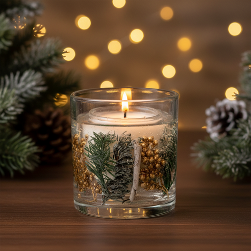 A clear gel candle in a straight-sided glass tumbler with green pine sprigs, a frosted pinecone, small twigs and gold berries suspended inside and a lit flame at the top, displayed in a warm cosy Christmas setting with dark forest green tones and soft golden bokeh fairy lights in the background
