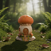 A toadstool house ornament with a large orange spotted cap, a round wooden door, a circular window and stone steps, sitting on a mossy woodland floor with small pebbles, leaves and grass tufts around the base, in a magical forest setting with soft dappled light and blurred green ferns in the background