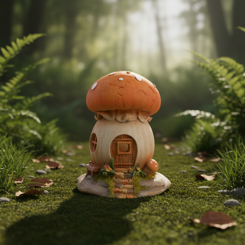 A toadstool house ornament with a large orange spotted cap, a round wooden door, a circular window and stone steps, sitting on a mossy woodland floor with small pebbles, leaves and grass tufts around the base, in a magical forest setting with soft dappled light and blurred green ferns in the background