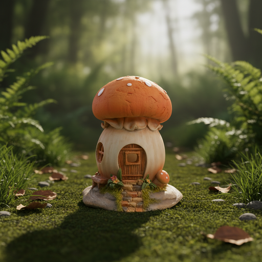 A toadstool house ornament with a large orange spotted cap, a round wooden door, a circular window and stone steps, sitting on a mossy woodland floor with small pebbles, leaves and grass tufts around the base, in a magical forest setting with soft dappled light and blurred green ferns in the background