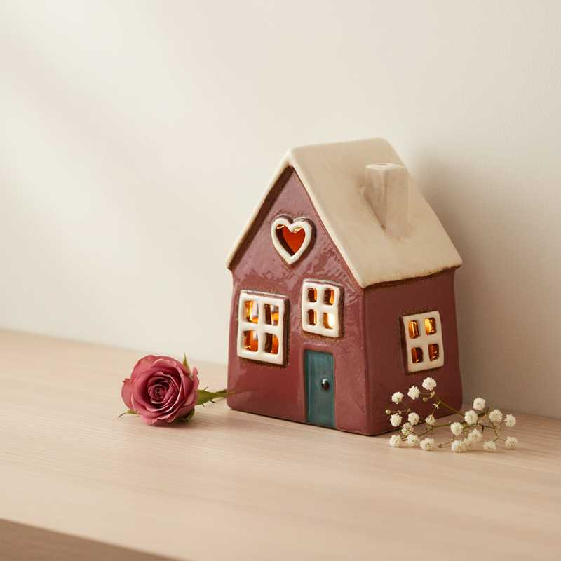 Primrose Cottage stoneware tealight holder with warm glowing light through the windows and heart cutout, styled with delicate flowers on a natural wood surface, Stoneware Country Cottage Collection