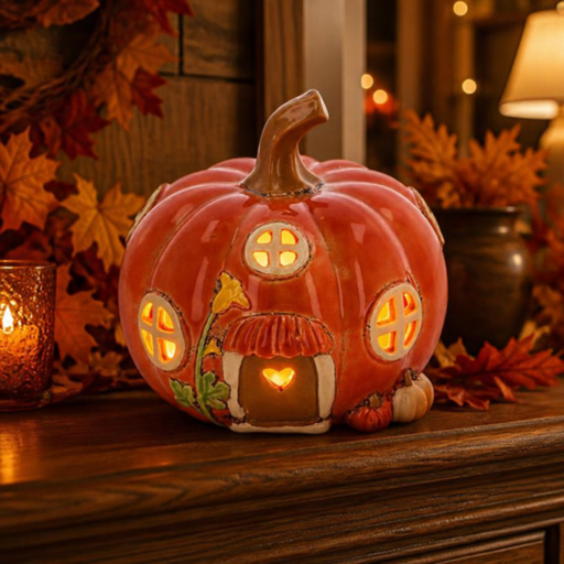 Village Pottery pumpkin house tealight holder with heart cut-out door, cross-pattern windows, tall flower and two mini pumpkin details