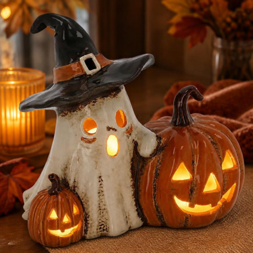 Halloween ghost and pumpkin tealight holder with glowing jack-o’-lantern faces, witch’s hat and autumn leaves. 