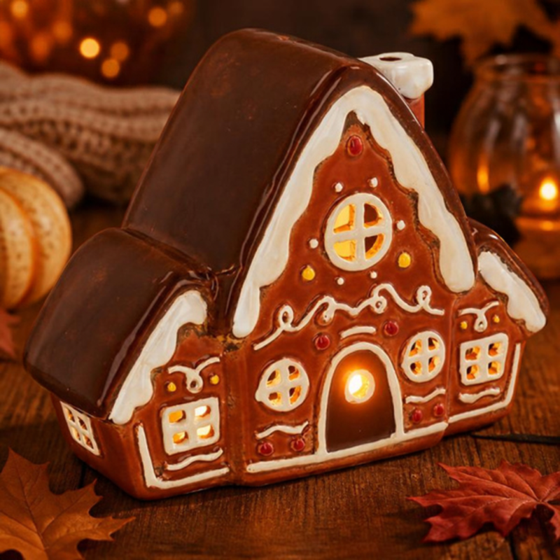 Gingerbread house tealight holder with decorated windows and a glowing doorway, displayed among autumn leaves.