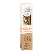 Champa and Olibanum Thick Incense Sticks, front view of packaging showing mandala design and Champa and Olibanum label with nine sticks visible through window, white background