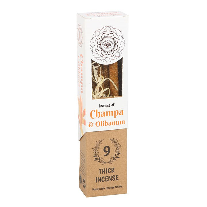 Champa and Olibanum Thick Incense Sticks, front view of packaging showing mandala design and Champa and Olibanum label with nine sticks visible through window, white background