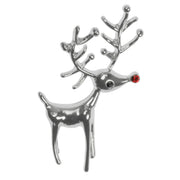 Rhodium plated standing reindeer brooch with red crystal-effect nose