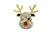 Gold plated crystal reindeer head brooch with red crystal-effect nose and coloured eyes and ears