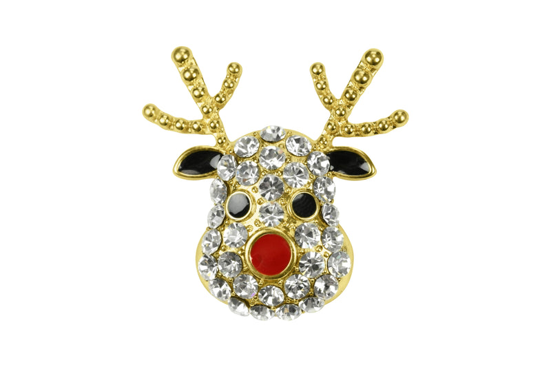 Gold plated crystal reindeer head brooch with red crystal-effect nose and coloured eyes and ears