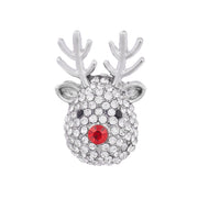 Rhodium plated crystal reindeer head brooch with red crystal-effect nose