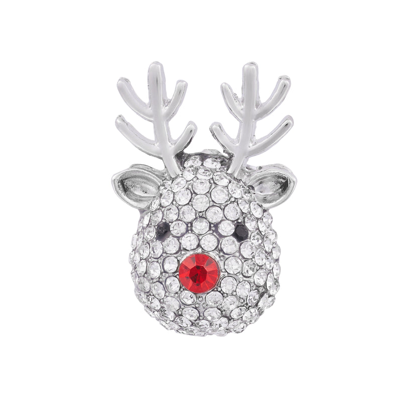 Rhodium plated crystal reindeer head brooch with red crystal-effect nose