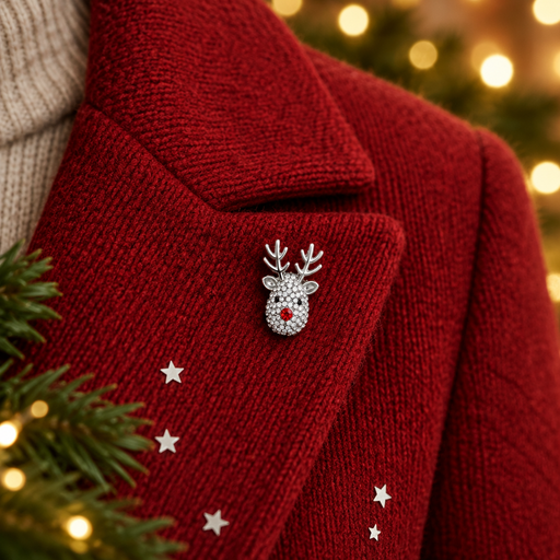 Rhodium plated crystal reindeer brooch pinned on a deep red knitted jacket lapel, shown at true-to-life brooch scale, surrounded by silver star confetti and evergreen sprigs with warm golden bokeh fairy lights in the background