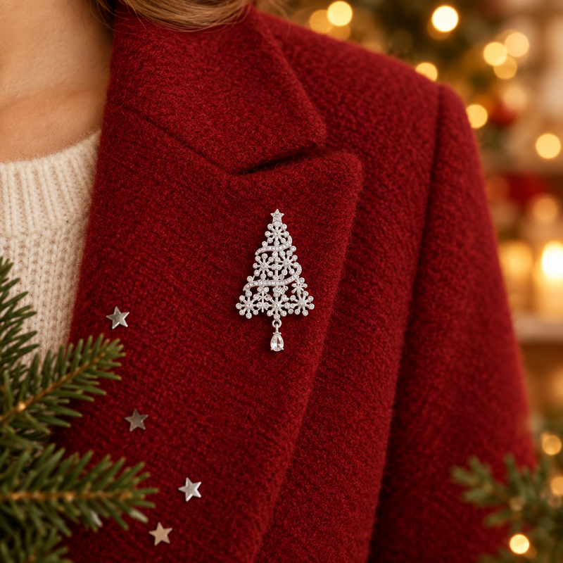 Silver Plated Crystal Christmas Tree Brooch