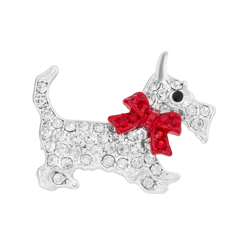 Silver Plated Crystal Dog with Bow Brooch