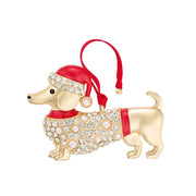 Gold plated crystal dachshund Christmas decoration wearing a Santa hat and jumper with red ribbon hanger