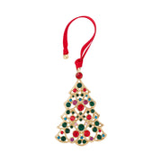 Gold plated crystal Christmas tree decoration with multicoloured crystal-effect stones and red ribbon hanger