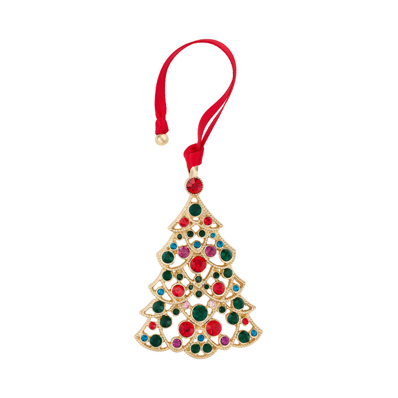 Gold plated crystal Christmas tree decoration with multicoloured crystal-effect stones and red ribbon hanger