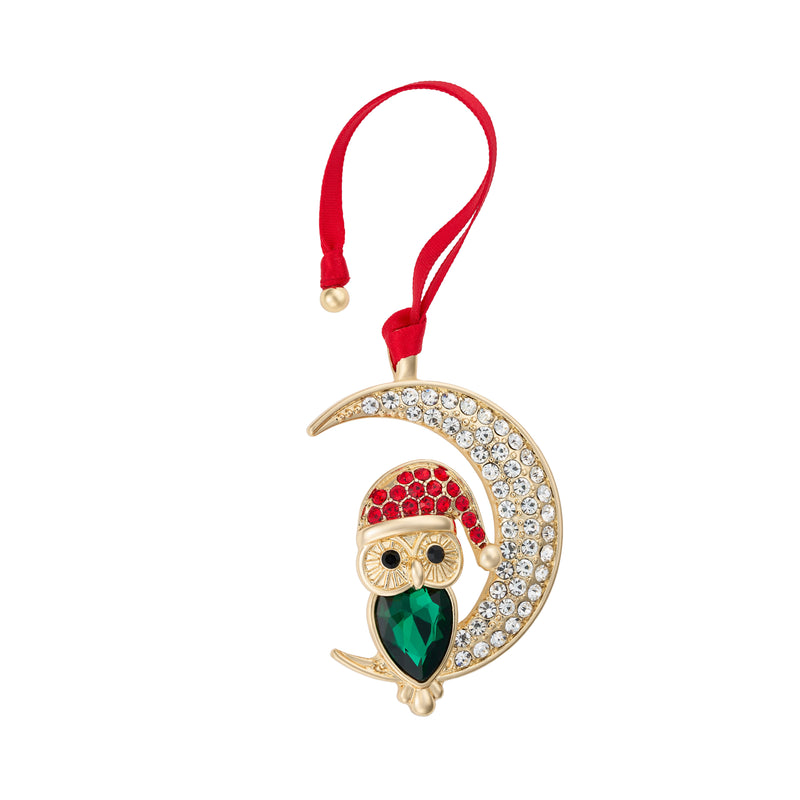 Gold plated crystal owl in a Santa hat perched on a crescent moon Christmas decoration with red ribbon hanger