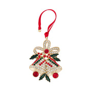 Gold plated crystal bells Christmas decoration with bow topper, holly detail and red ribbon hanger