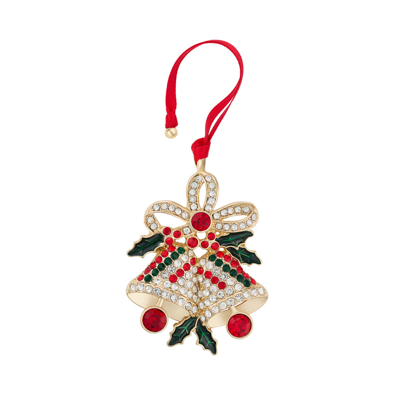 Gold plated crystal bells Christmas decoration with bow topper, holly detail and red ribbon hanger