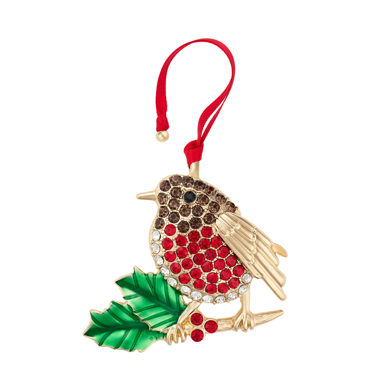 Gold plated crystal robin Christmas decoration with holly and berry detail and red ribbon hanger