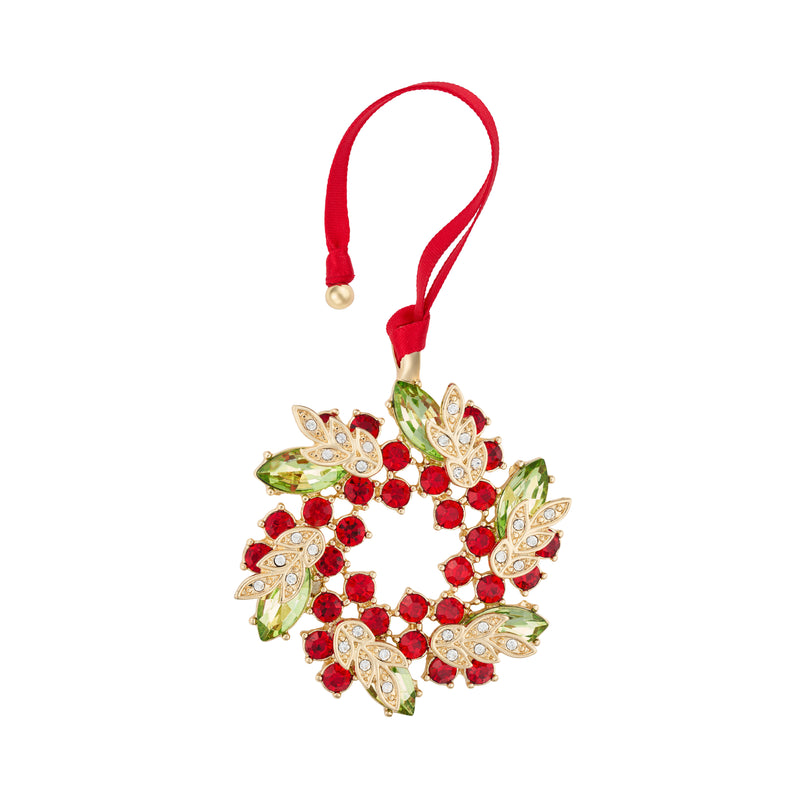 Gold plated crystal wreath Christmas decoration with red and green crystal-effect stones and red ribbon hanger