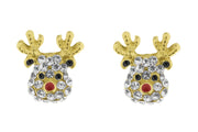 Pair of gold plated crystal Rudolph reindeer stud earrings with black and clear crystal-effect face detailing and red nose