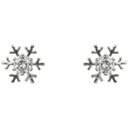 Pair of rhodium plated Cubic Zirconia snowflake stud earrings with a sparkling centre stone
