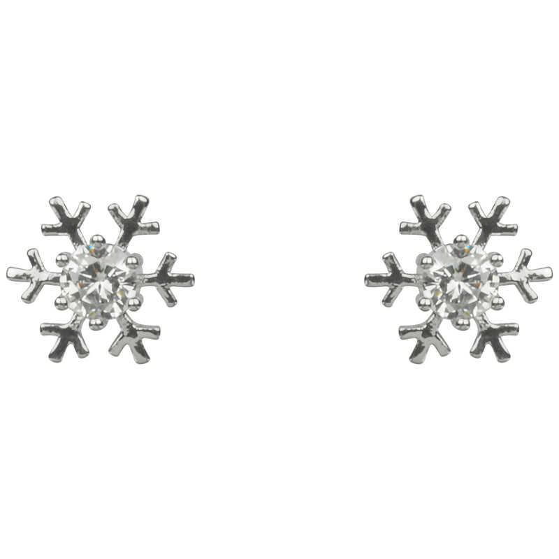 Pair of rhodium plated Cubic Zirconia snowflake stud earrings with a sparkling centre stone