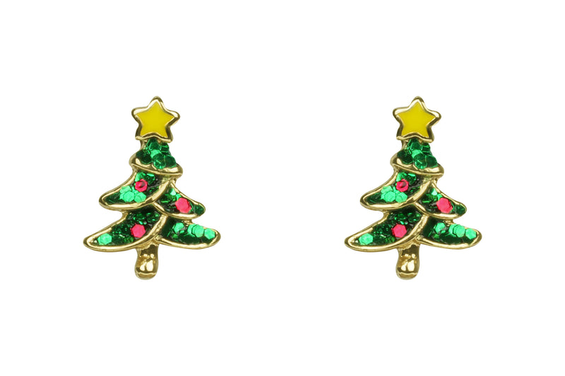 Pair of gold plated Christmas tree stud earrings with sparkly star topper and colourful bauble detailing