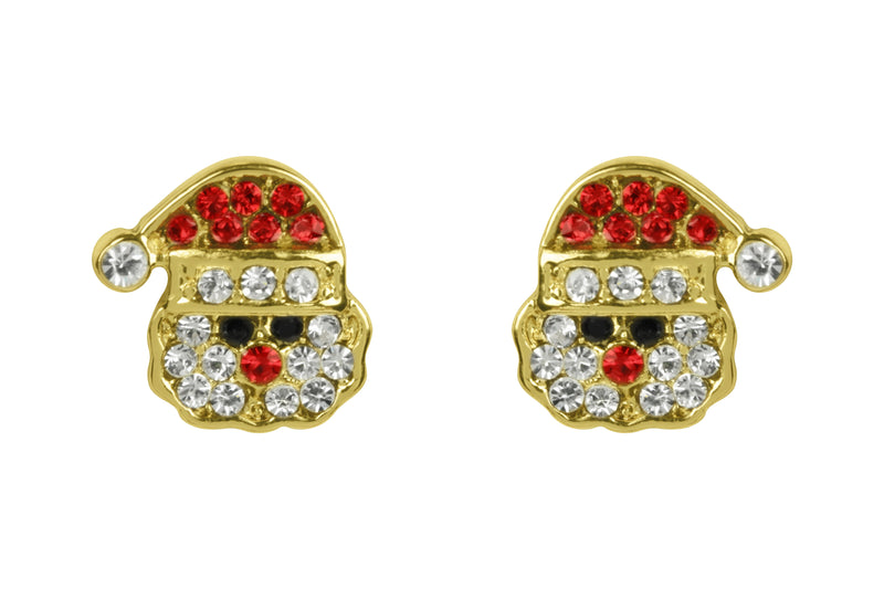 Pair of gold plated crystal Santa face stud earrings with red hat, clear trim and multicoloured crystal-effect face detailing
