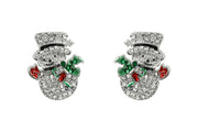 Pair of rhodium plated crystal snowman stud earrings with pavé body, black top hat and colourful scarf and mittens"