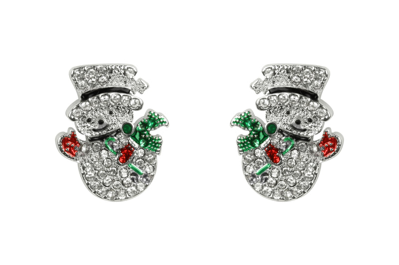 Pair of rhodium plated crystal snowman stud earrings with pavé body, black top hat and colourful scarf and mittens"