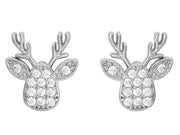 Pair of rhodium plated Cubic Zirconia reindeer head stud earrings with antler detailing
