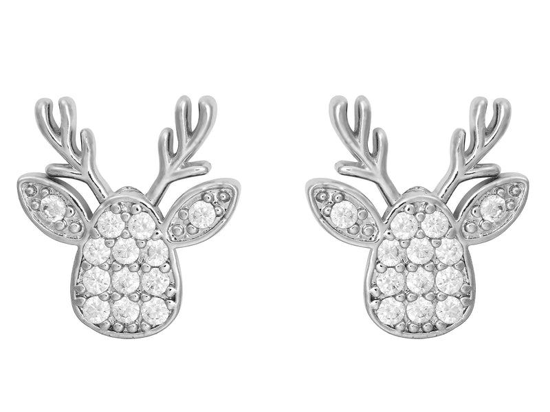 Pair of rhodium plated Cubic Zirconia reindeer head stud earrings with antler detailing