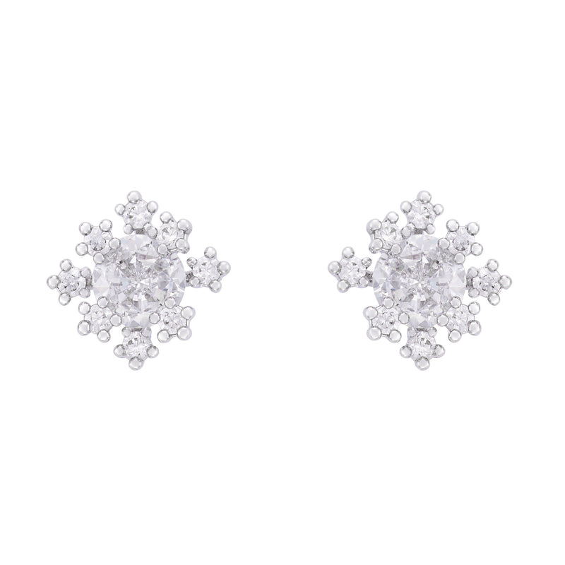 Pair of rhodium plated Cubic Zirconia snowflake stud earrings with sparkling stone cluster