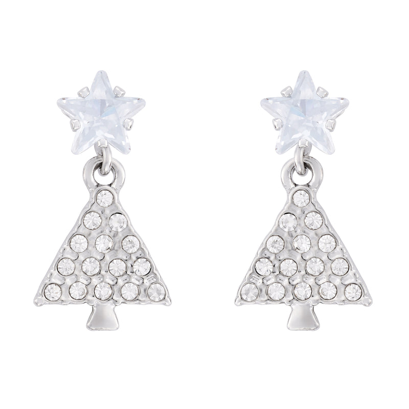 Pair of rhodium plated Cubic Zirconia star and Christmas tree drop earrings