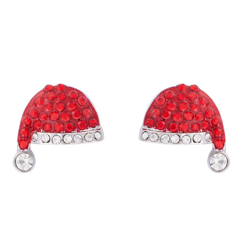 Pair of rhodium plated Santa hat stud earrings with sparkly red crystal-effect body and clear trim detailing
