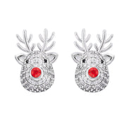 Pair of rhodium plated crystal reindeer stud earrings with sparkly pavé face, red nose and black eyes