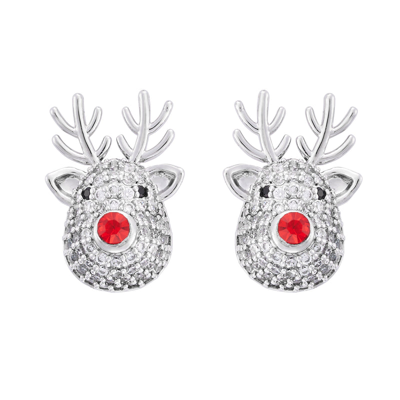 Pair of rhodium plated crystal reindeer stud earrings with sparkly pavé face, red nose and black eyes