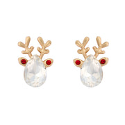 Pair of gold plated crystal reindeer stud earrings with faceted teardrop stone and antler detail