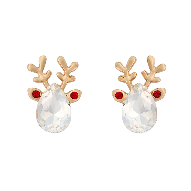 Pair of gold plated crystal reindeer stud earrings with faceted teardrop stone and antler detail