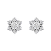 Pair of rhodium plated silvery white snowflake stud earrings with clear crystal-effect stone detailing