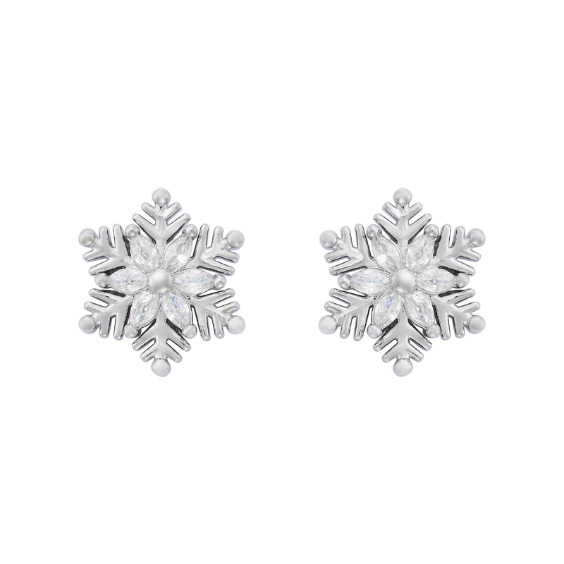 Pair of rhodium plated silvery white snowflake stud earrings with clear crystal-effect stone detailing