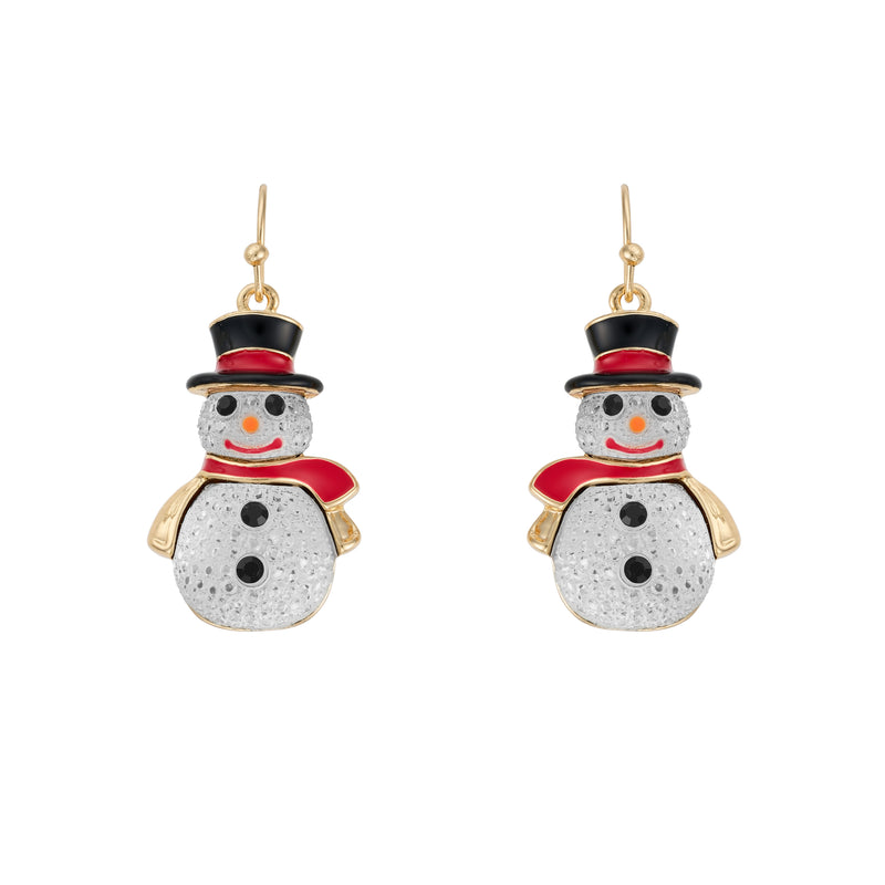 Pair of gold plated crystal snowman drop earrings with black top hat, red scarf and sparkly white body