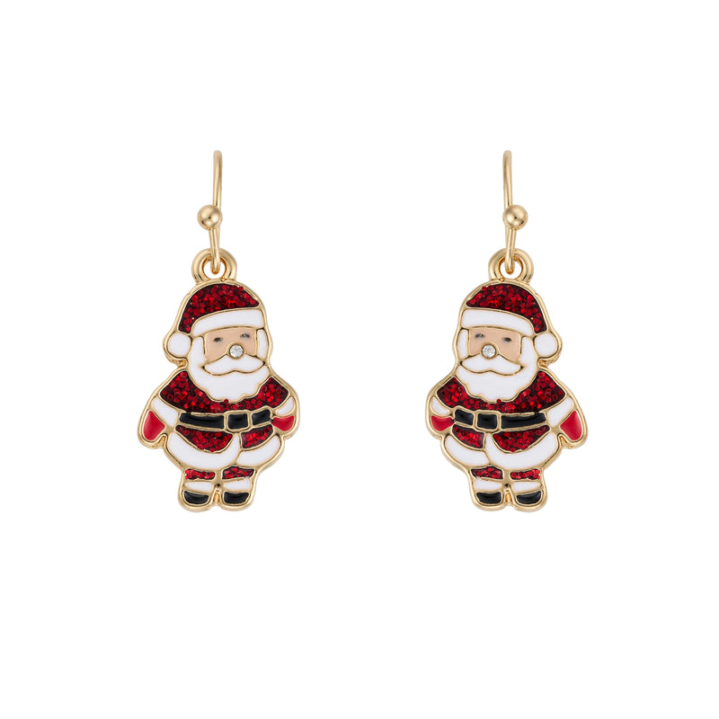Pair of gold plated Santa drop earrings with sparkly red hat and coat detailing"