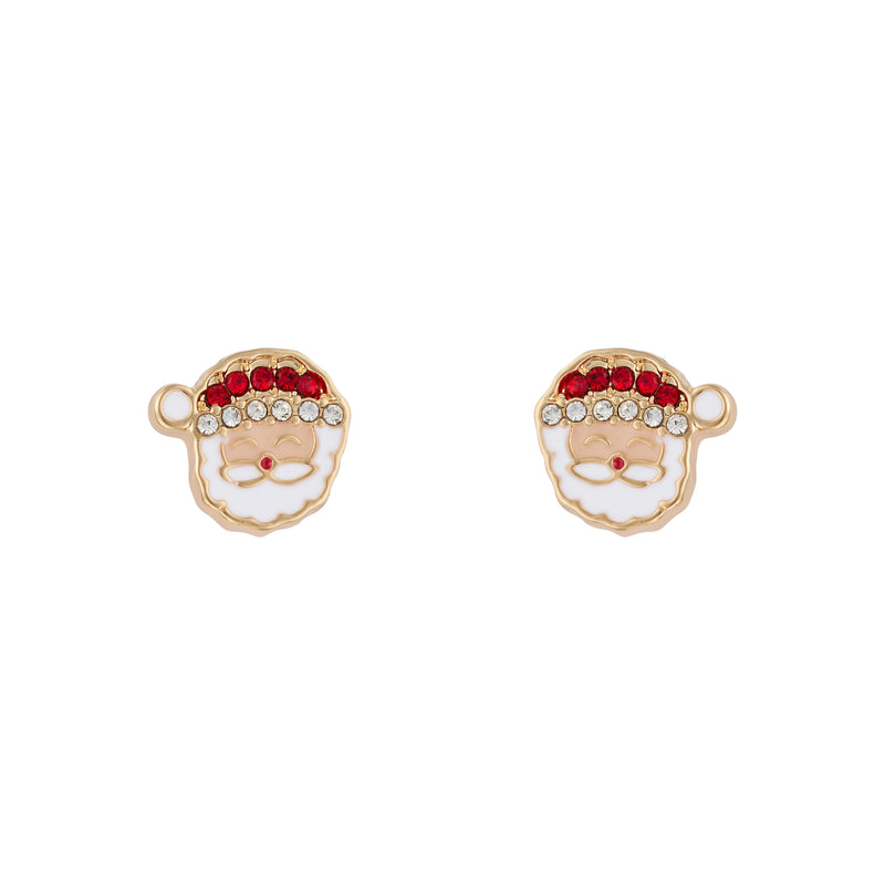 Gold plated Santa face stud earring with red and clear crystal-effect hat detail, close up"